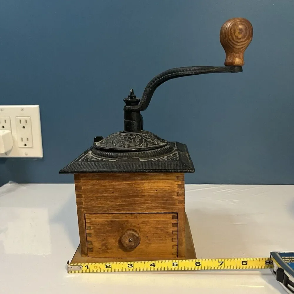 VTG Cast Iron & Wood Hand Crank Coffee Grinder w/Drawer Excellent Condition